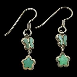 (B90) Vintage Sterling Silver Green Butterfly And Flower Mother Of Pearl Dangle Earrings