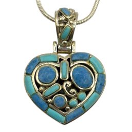 (A135) Italian Sterling Silver Turquoise And Denim Lapis Heart Round Chain Necklace