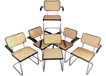 Six Vintage Cesca Style Caned Cantilevered Black Arm Chairs