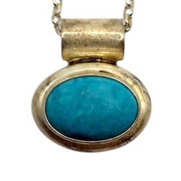 (A109) Italian Sterling Silver Oval Turquoise Chain Link Necklace