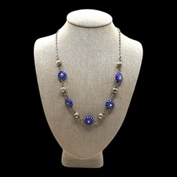 (B111) Italian Sterling Silver Choker Necklace With Colorful Flower Bead Accents