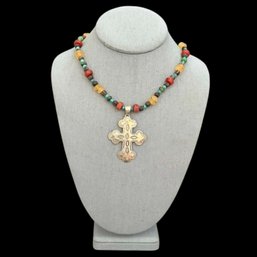(A110) Sterling Silver Multi Color Beaded Etched Cross Necklace