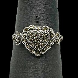 (B41) Vintage Sterling Silver HAN Marcasite Heart Ring, Size 6.5