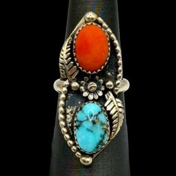 (A116) Native American Sterling Silver Coral And Turquoise Ring, Size 6