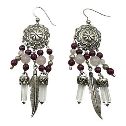 Vintage Native American Sterling Silver Dangle Earrings With Beads And Feather Accents