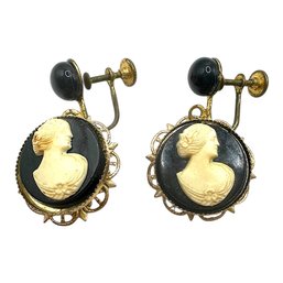 (B8) Vintage Victorian Lady Black Cameo Screw Back Earrings