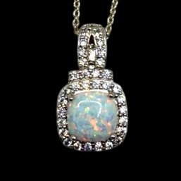 (A132) Italian Sterling Silver Opal And Clear Stones Necklace