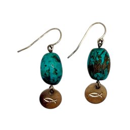 (A155) Sterling Silver Turquoise Christian Fish Dangle Earrings