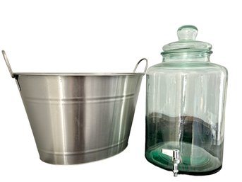 Large Beverage Bin & Glass 'Vintage' Drink Dispenser