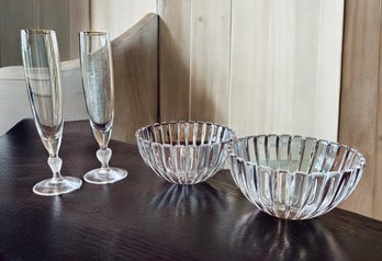 Pair Tiffany Crystal Bowls & Two Waterford Heart Champagne Flutes  (LOC: S1)