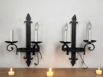 Vintage Large Black Wrought Iron Hand Forged Wall Electrified Sconces