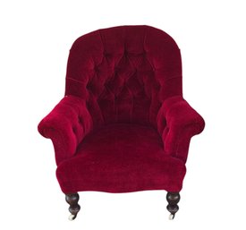 Victorian Style Burgundy Velvet Button Back Armchair With Two Rolling Feet For Easy Transport