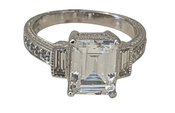 Elegant Emerald Cut Cubic Zirconia And Sterling Silver Ring