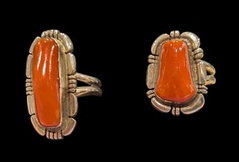 Matching Navajo Coral & Sterling Rings Stamped Sterling But Hard To Read