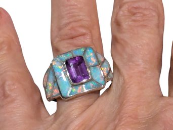 Simulated Lab Created Teal Opal With Square Cut Amethyst Colored Cubic Zirconia Stone Ring