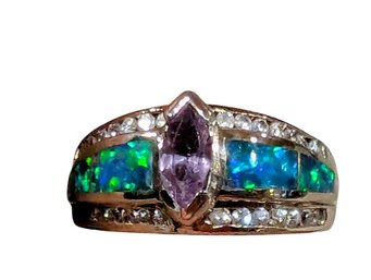 Simulated Lab Created Opals Flanked By CZ Stones Set In Sterling With Marquise Shaped Amethyst Center Stone