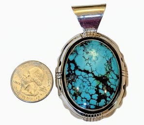 Vintage Oval Turquoise Pendant Signed And Set In Sterling Silver