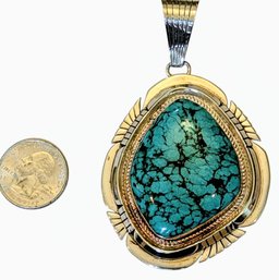 Stunning Turquoise Stone Pendant By Navajo Designer Charles Johnson Signed And Stamped On Back