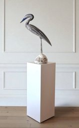 Beautiful Carved Wood Blue Herron On Pedestal