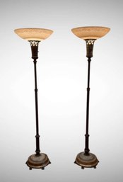Pair Beautiful Art Deco Torchiere Floor Lamps With Glass Shades
