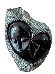 African Shona Double Portrait Sculpture Signed Illegibly Of Soulful Couple