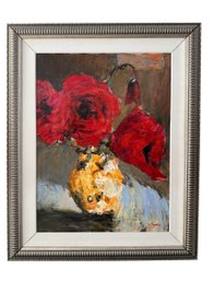 Red Large Floral In Vase Signed Original Oil Painting