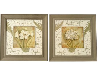Pair Of Handmaid Florals On Crackled Wood Framed Backs