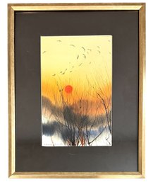 Golden Sunset Forest-scape Watercolor Painting Signed