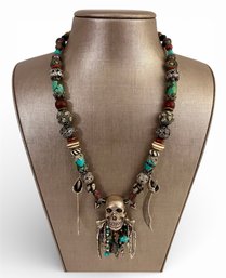 Artisan Silver & Turquoise Skull Pendant Necklace