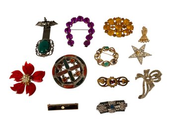 Vintage Rhinestone & Enameled Brooches Including Purple Stone Horseshoe Design