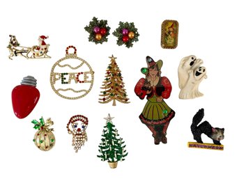 Holiday Themed Pins & Earrings Including Maximal Art Halloween Trick Or Treat Pin