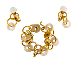 Jill Fagin Signed Chunky Runway Haute Couture - Matte Brushed Gold Tone Bracelet & Earring Set