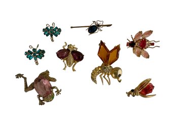 Vintage Colorful Cut Stones Brooches - Insects And Frog