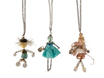 Three Whimsical Doll Form Segmented Pendant Necklaces Including Designer Lenora Dame