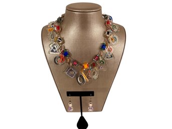 Vintage Artisan Glass Charm Necklace & Earring Set