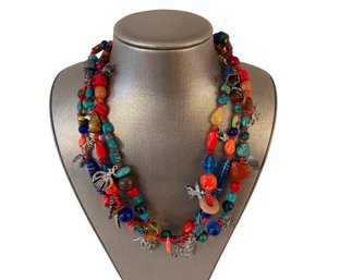 Native American Triple Strand Beaded Necklace With Sterling Silver Charms
