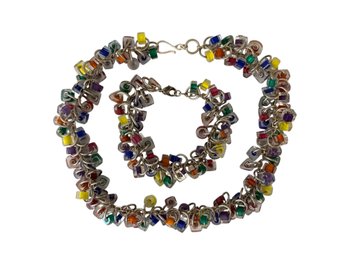 Colorful Geometric Glass Dangle Bracelet & Necklace Set