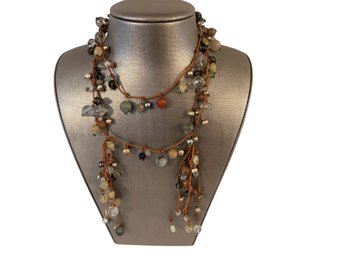 Faye Kim Designed Sautoir Style Leather & Beaded Gemstone Necklace