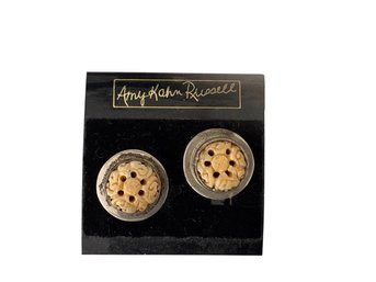 Amy Kahn Russell Designed Sterling Set Floral Carved Bone Earrings