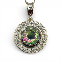 (A123) Italian Sterling Silver Circular Iridescent And Clear Stones Box Chain Necklace