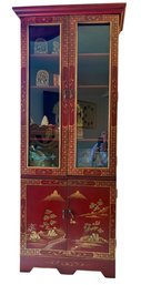 Chinoiserie Style Red  Lacquer Curio Cabinet .