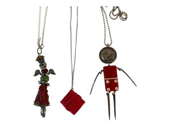 Unique Red Themed Trinket Necklaces Including Domino Figure With Pocket Watch Head