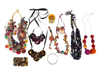 Collection Of Jewelry Made From Fabric, Buttons & Notions