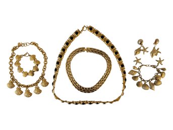 Vintage Gold Tone Jewelry Collection Including Anne Klein Seashell Charm Necklace & Bracelet Set