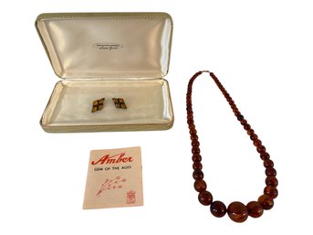 Amber Beaded Necklace & Amber Earrings Set In Sterling