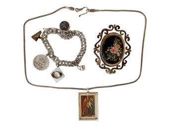 Sterling Silver Jewelry Including Religious Pendant, Charm Bracelet & Dried Floral Artistry Oval Brooch