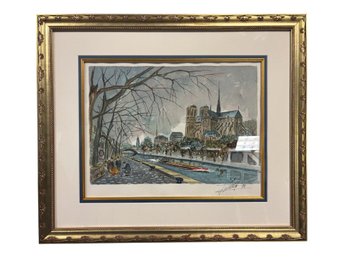 J. Lewis Signed Watercolor Of Notre Dame Cathedral Paris (1999)