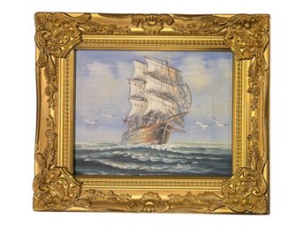 Vintage Maritime Oil Painting In Newer Gilt Frame, Signed