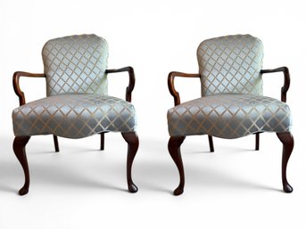 Pair Of Pale Blue Diamond Patterned Wood Framed Arm Chairs