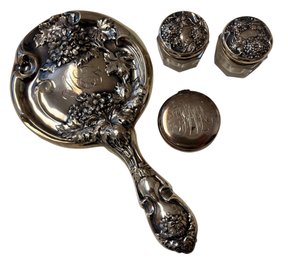 Antique Sterling Silver Vanity Set. Mirror, Small Dresser Jars And A Pill's Box.